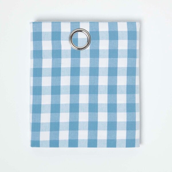 Cotton Blue Gingham Block Check Ready Made Eyelet Curtains 137 x 228 cm