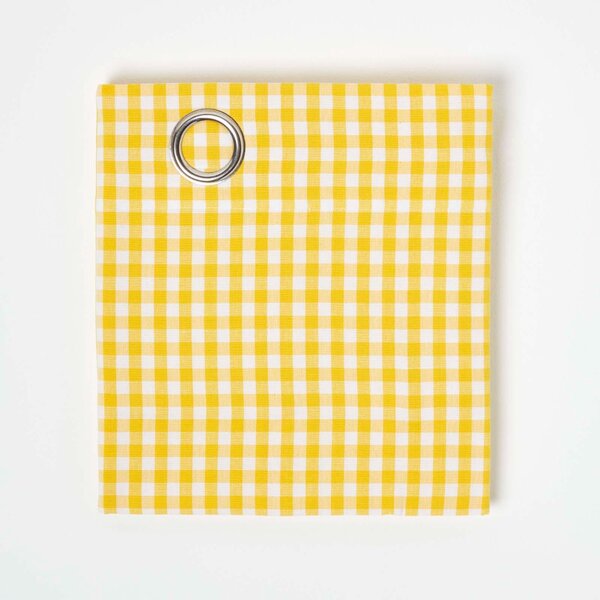 Cotton Gingham Check Yellow Ready Made Eyelet Curtains, 137 x 182 cm