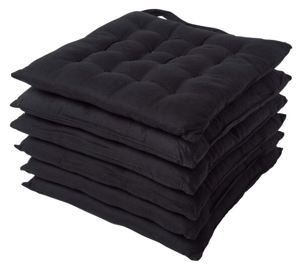 Black Plain Seat Pad with Button Straps Cotton 40 x 40 cm, Set of 6