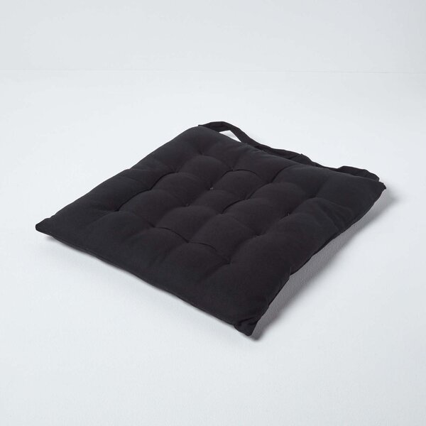 Black Plain Seat Pad with Button Straps 100% Cotton 40 x 40 cm