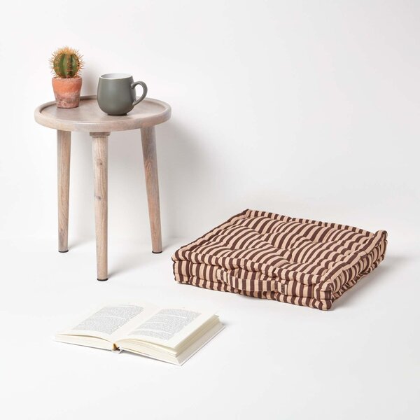 Cotton Chocolate Brown and Beige Thin Stripe Floor Cushion, 40 x 40 cm