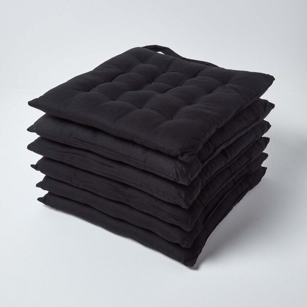 Black Plain Seat Pad with Button Straps Cotton 40 x 40 cm, Set of 6