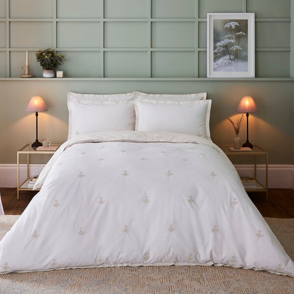 Dorma Bee Embroiderey 100% Cotton Duvet Cover and Pillowcase Set Natural
