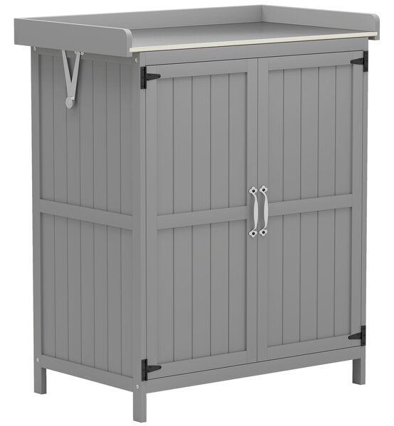 Outsunny Wooden Garden Shed, Garden Tool Storage Shed with Hinged Roof and Shelf, Outdoor Storage Cabinet with Double Doors, Grey