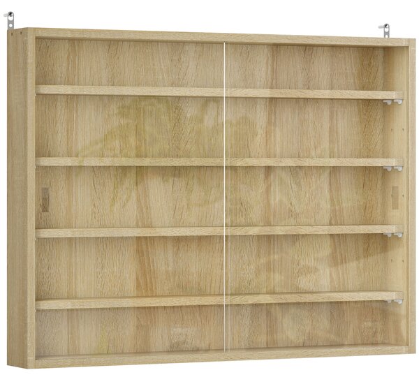 HOMCOM 5-Tier Wall Display Shelf Unit Cabinet w/ 4 Adjustable Shelves Glass Doors Home Office Ornaments 60x80cm Oak Aosom UK