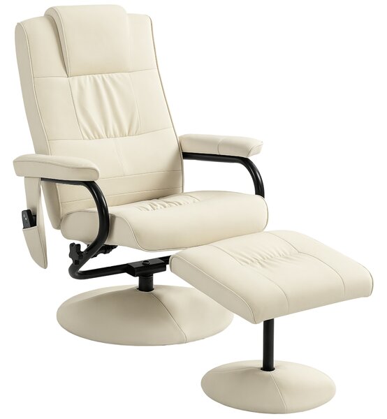 HOMCOM Swivel Recliner Chair and Footstool, Faux Leather Massage Recliner Armchair with Remote Control and Round Wrapped Base, Cream White