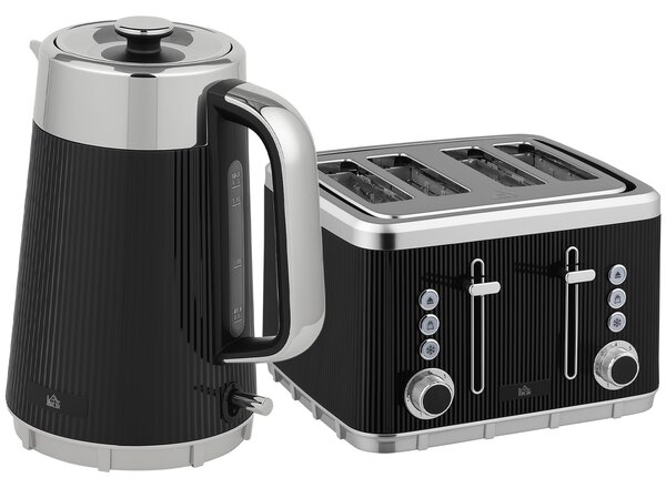 HOMCOM Electric Kettle and Toaster Set, 3000W 1.7L UK Strix Thermostat Rapid Boil Jug Kettle with Limescale Filter, Cool Touch Body, 4 Slice Toaster with 7 Browning Controls, Crumb Tray, Black