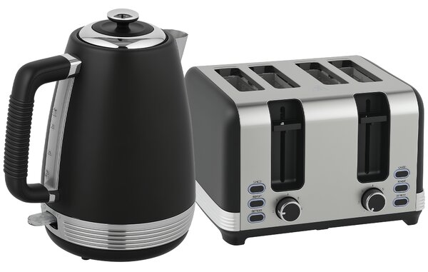 HOMCOM Stainless Steel Kettle and Toaster Set, 1.7L 3000W Rapid Boil Jug Kettle with UK Strix Thermostat, Limescale Filter, 4 Slice Toaster with 7 Browning Controls, Crumb Tray, Black and Silver Tone