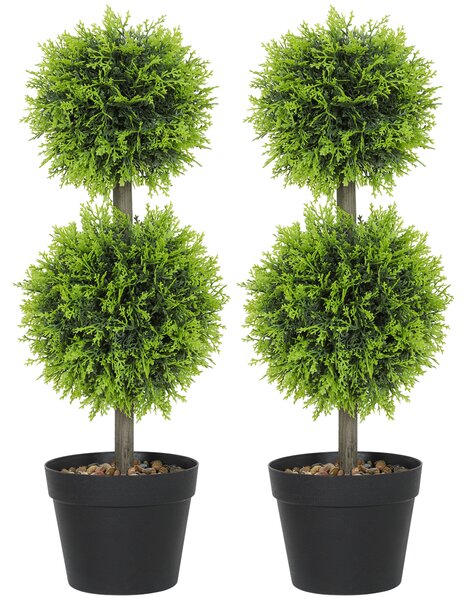 HOMCOM Set of 2 Decorative Artificial Plants, 60cm Faux Topiary Cypress Ball Trees with Plastic Pot and Pebbles, Fake Plants for Home Office Decor, Green