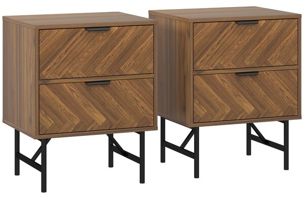 HOMCOM Bedside Table Set of 2 with 2 Drawers, Modern Side Tables with Herringbone Pattern and Metal Legs for Bedroom, Living Room, Walnut Brown