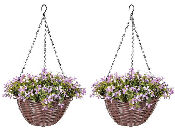 HOMCOM Artificial Flowers in Basket Set of 2, Artificial Hanging Baskets with 75 Leaves and 15 Flowers in Pot, Decorative Plant for Home Office Decor, Purple