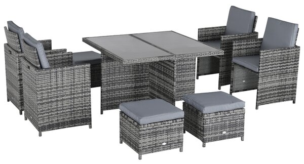 Outsunny 9PC Rattan Dining Set Garden Furniture 8-seater Wicker Outdoor Dining Set Chairs + Footrest + Table Thick Cushion - Grey