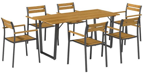 Outsunny 7 Piece Garden Dining Set, Fir Wood Garden Furniture Set with Rectangle Table and 6 Stackable Chairs, Umbrella Hole, Slatted Top and Steel Frame, for Patio Balcony Porch, Brown