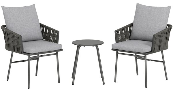 Outsunny 3-Piece Rattan Bistro Set, Garden Table and Chairs with 4 Cushions, Patio Rattan Conversation Furniture Set for Balcony, Porch, Terrace, Grey