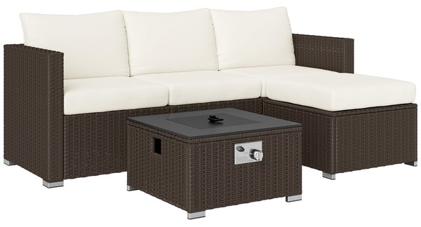 Outsunny Five Piece Rattan Garden Furniture Set with Gas Fire Pit Table and Footstool - Brown and Cream White