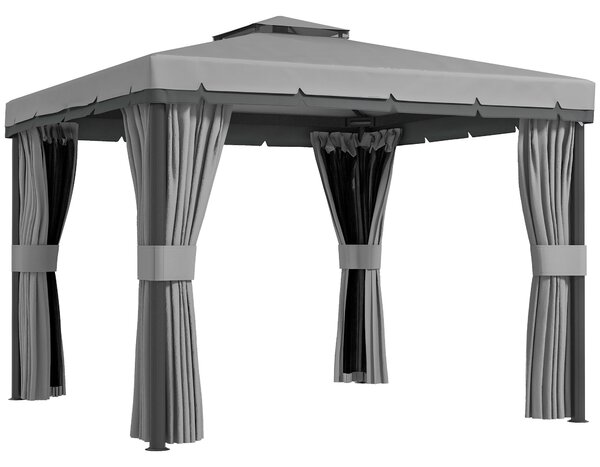 Outsunny 3 x 3m Outdoor Shelter, Garden Pavilion with 2 Tier Roof, Netting and Curtains, Light Grey Aosom UK