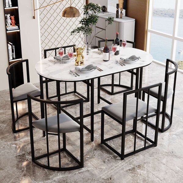 Modern Dining Table and 6 Chairs with Backrests and Upholstery, Dining Table Set with Marble Pattern, Gold Iron Frame, 140x80x76 cm, Black Aosom UK