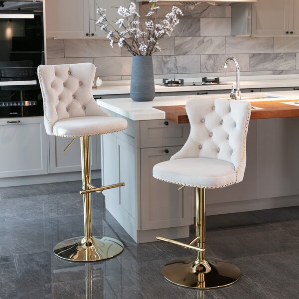 Set of 2 Adjustable Velvet Bar Stools with Backrest, Gold Electroplated Legs, 360° Rotatable, 62-82 cm Height, 45x45 cm Base, Beige Aosom UK