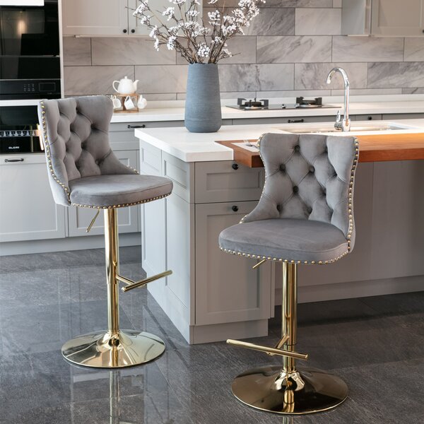 Set of 2 Adjustable Velvet Bar Stools with Backrest, Gold Electroplated Legs, 360° Rotatable, 62-82 cm Height, 45x45 cm Base, Black Aosom UK