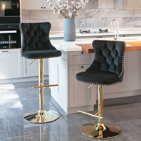 Adjustable Velvet Bar Stools Set of 2, 360° Swivel, Gold Electroplated Legs, 62-82 cm Height, 45x45 cm Base, 136 kg Load Capacity, Black Aosom UK