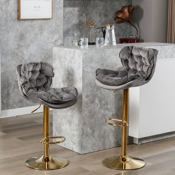 Set of 2 Adjustable Bar Stools with Rolling Edge Backrest, Electroplated Gold Legs, 66-86 cm Height, 360° Rotatable, Base 41x41 cm, Grey Aosom UK