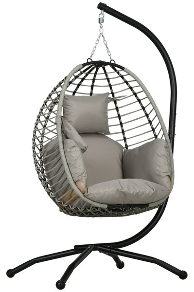 Outsunny Outdoor Swing Chair with Thick Padded Cushion, Patio Hanging Chair w/ Metal Stand, Foldable Basket, Cup Holder, Rope Structure
