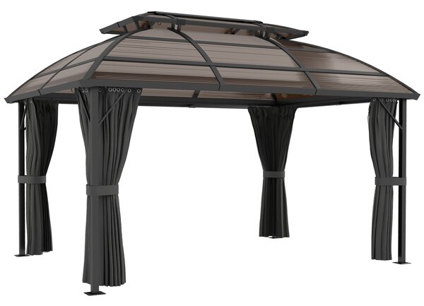 Outsunny Aluminium Frame 4 x 3(m) Polycarbonate Gazebo with Curtains, Nettings, Double Roof for Lawn, Yard, Patio, Deck, Brown