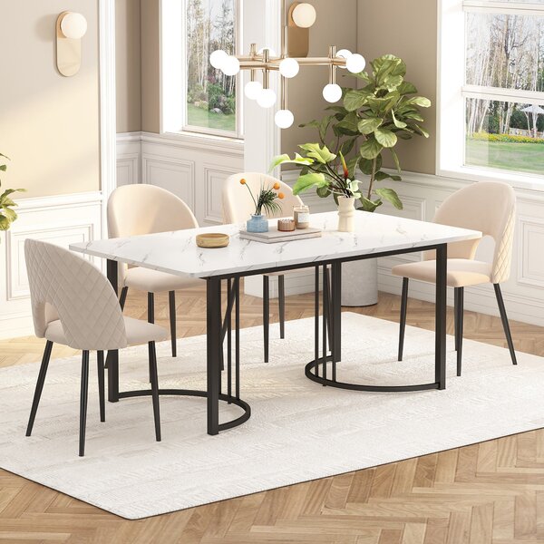 Modern Rectangular Extendable Dining Table with Adjustable Feet and Marble Pattern Top, Table Metal Frame, 140x80x75 cm, White/Black Aosom UK