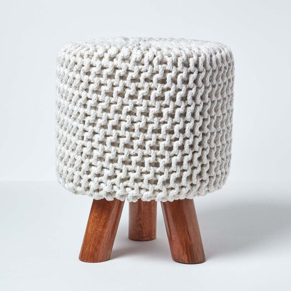 Homescapes Natural Cotton Knitted Tall Footstool With Legs