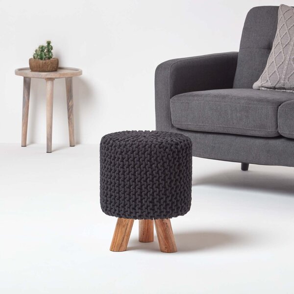 Black Knitted Cotton Tall Footstool with Wooden Legs 42 x 32 x 32 cm