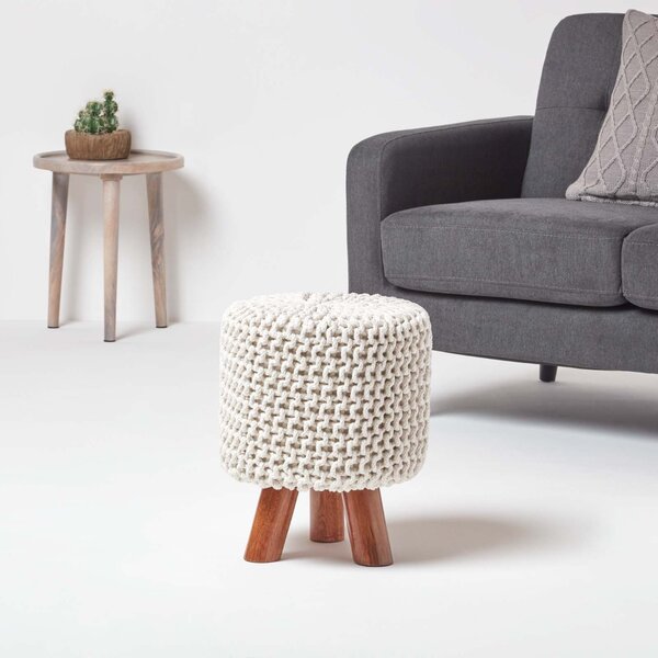 Homescapes Natural Cotton Knitted Tall Footstool With Legs