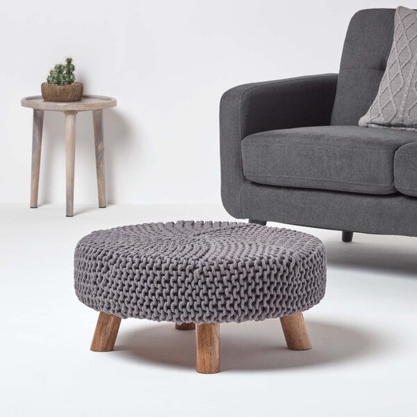 Sea Grey Knitted Flat Footstool with Wooden Legs Large 62 x 62 x 30 cm