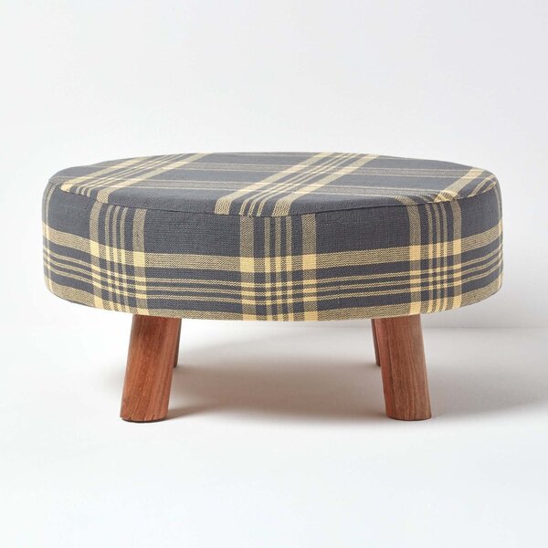 Grey and Yellow Tartan Fabric Flat Circular Stool with Wooden Legs