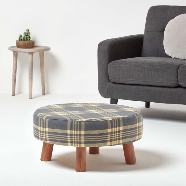 Grey and Yellow Tartan Fabric Flat Circular Stool with Wooden Legs