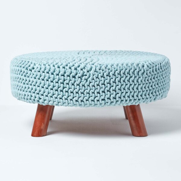 Baby Blue Knitted Footstool with Wooden Legs Large 62 x 62 x 30 cm