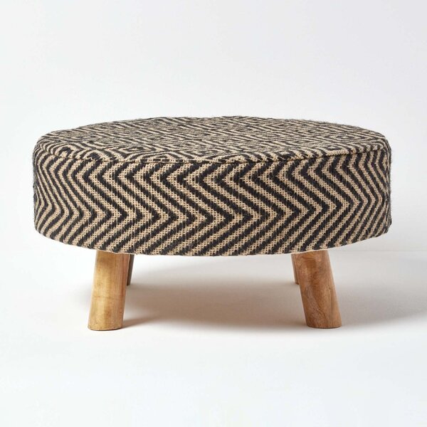 Homescapes Black and Natural Circular Footstool with Diamond Pattern