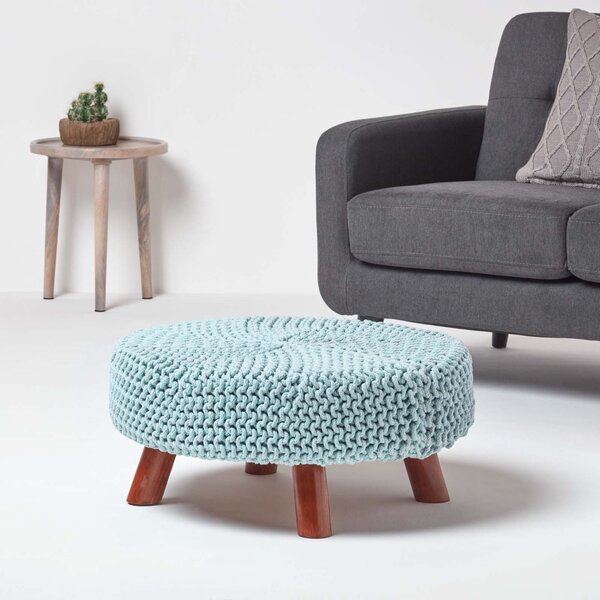 Baby Blue Knitted Footstool with Wooden Legs Large 62 x 62 x 30 cm