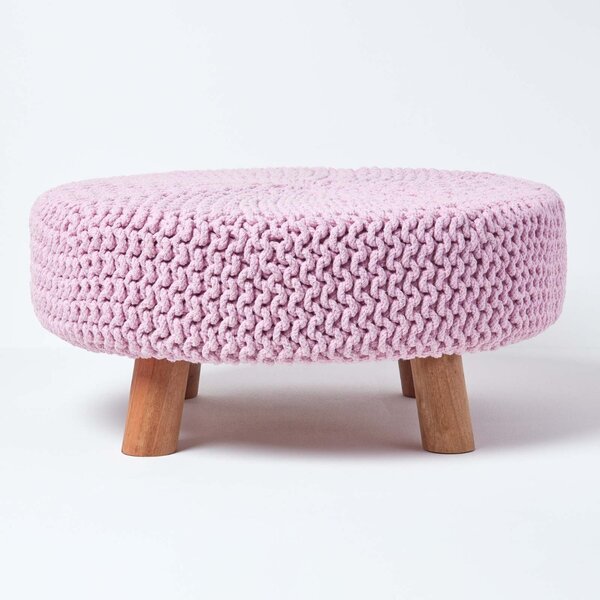 Homescapes Pastel Pink Flat Circular Knitted Footstool with Legs