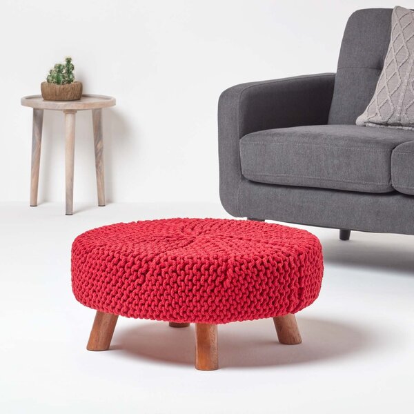 Red Knitted Cotton Footstool with Wooden Legs Large 62 x 62 x 30 cm