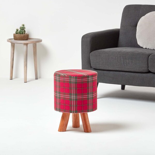 Homescapes Red Tartan Fabric Footstool with Wooden Legs