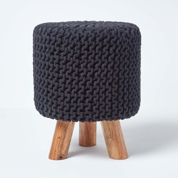 Black Knitted Cotton Tall Footstool with Wooden Legs 42 x 32 x 32 cm