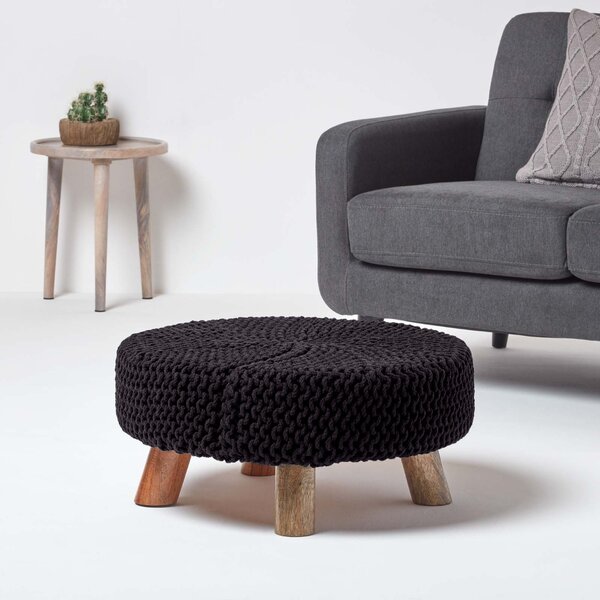 Black Knitted Cotton Footstool with Wooden Legs Large 62 x 62 x 30 cm