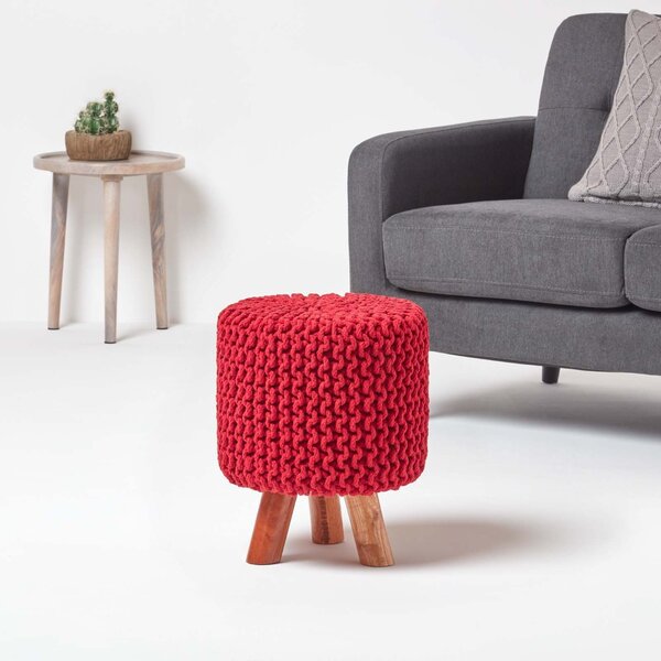 Red Knitted Cotton Tall Footstool with Wooden Legs 42 x 32 x 32 cm