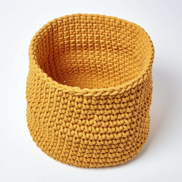 Homescapes Cotton Knitted Round Storage Basket Yellow, 42 x 37 cm