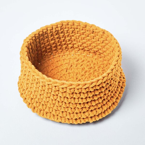 Homescapes Cotton Knitted Round Storage Basket Yellow, 37 x 21 cm