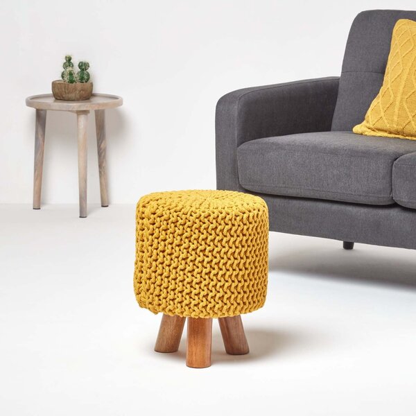 Mustard Knitted Cotton Tall Footstool with Wooden Legs 42 x 32 x 32 cm