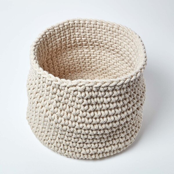 Homescapes Cotton Knitted Round Storage Basket Cream, 42 x 37 cm