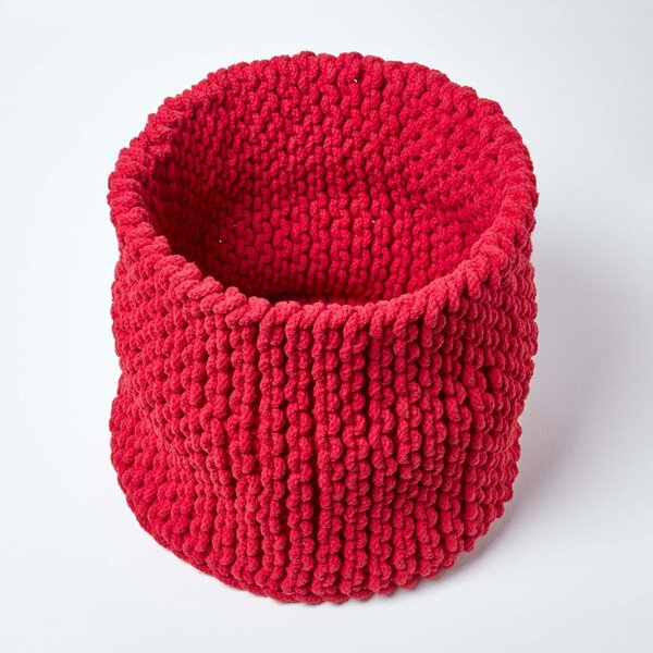 Homescapes Cotton Knitted Round Storage Basket Red, 42 x 37 cm