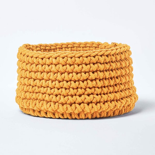 Homescapes Cotton Knitted Round Storage Basket Yellow, 37 x 21 cm