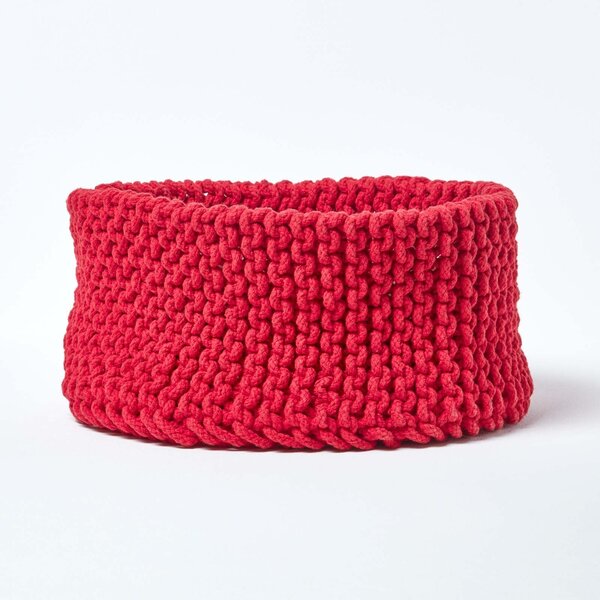 Homescapes Cotton Knitted Round Storage Basket Red, 37 x 21 cm